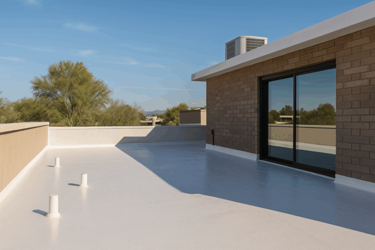 White coated flat roof with modern brick wall and desert landscape